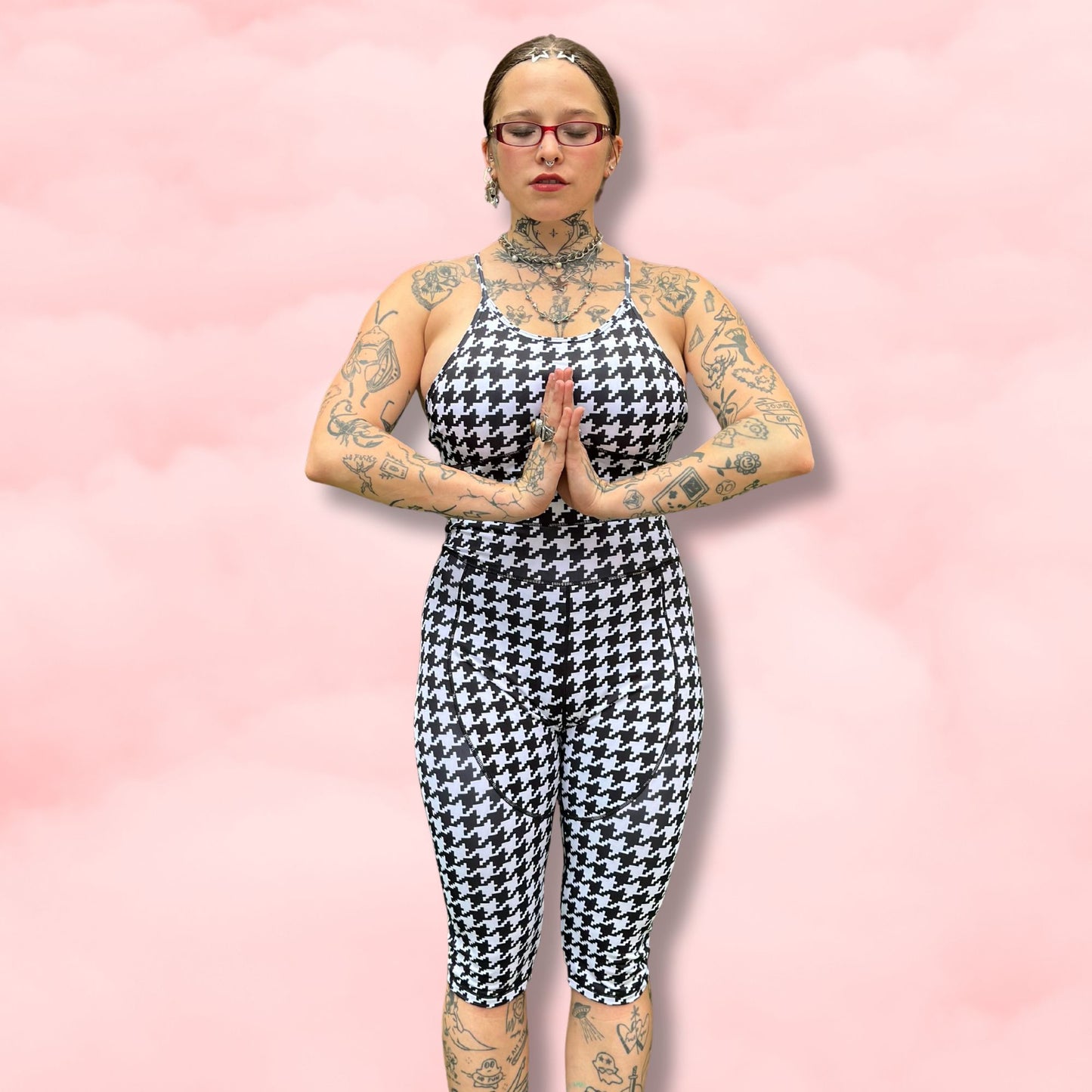 Revolutionary One-Piece Menstrual Yoga Jumpsuit in GIANT B&W HERRINGBONE Print