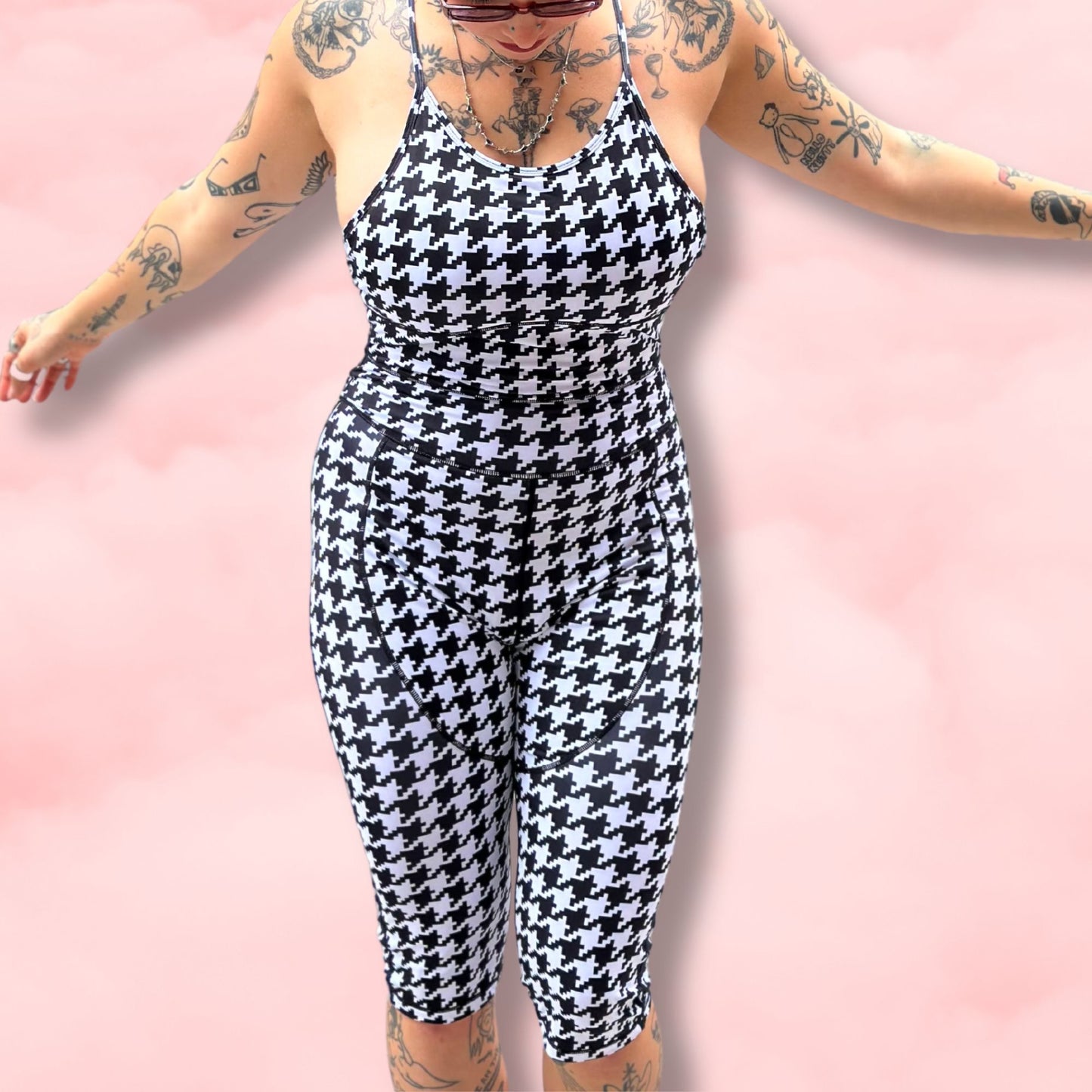 Revolutionary One-Piece Menstrual Yoga Jumpsuit in GIANT B&W HERRINGBONE Print