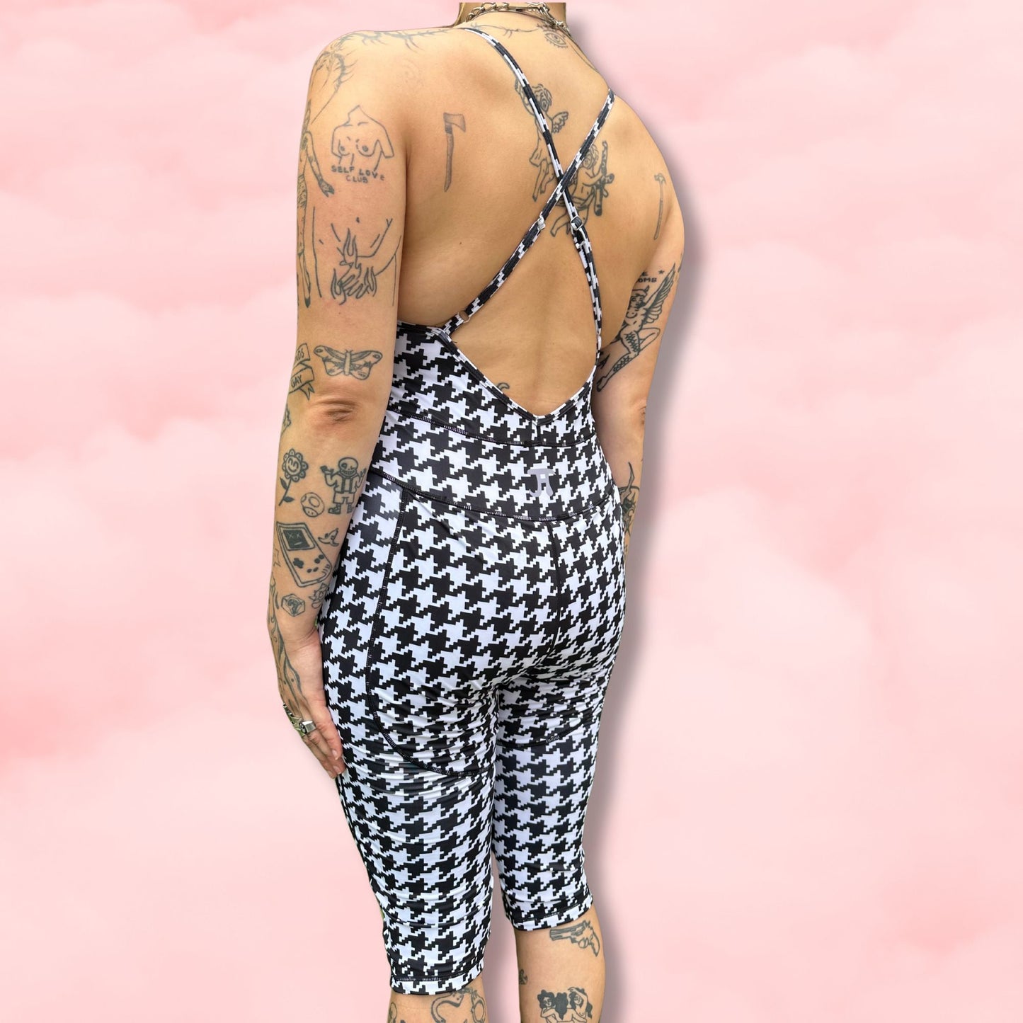 Revolutionary One-Piece Menstrual Yoga Jumpsuit in GIANT B&W HERRINGBONE Print