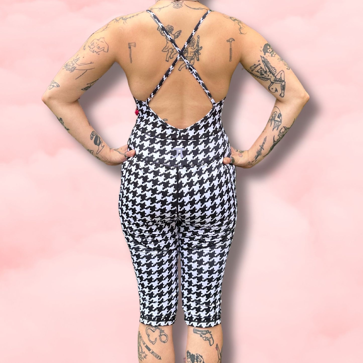 Revolutionary One-Piece Menstrual Yoga Jumpsuit in GIANT B&W HERRINGBONE Print