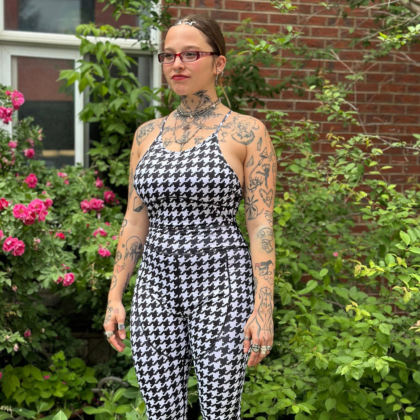 Revolutionary One-Piece Menstrual Yoga Jumpsuit in GIANT B&W HERRINGBONE Print