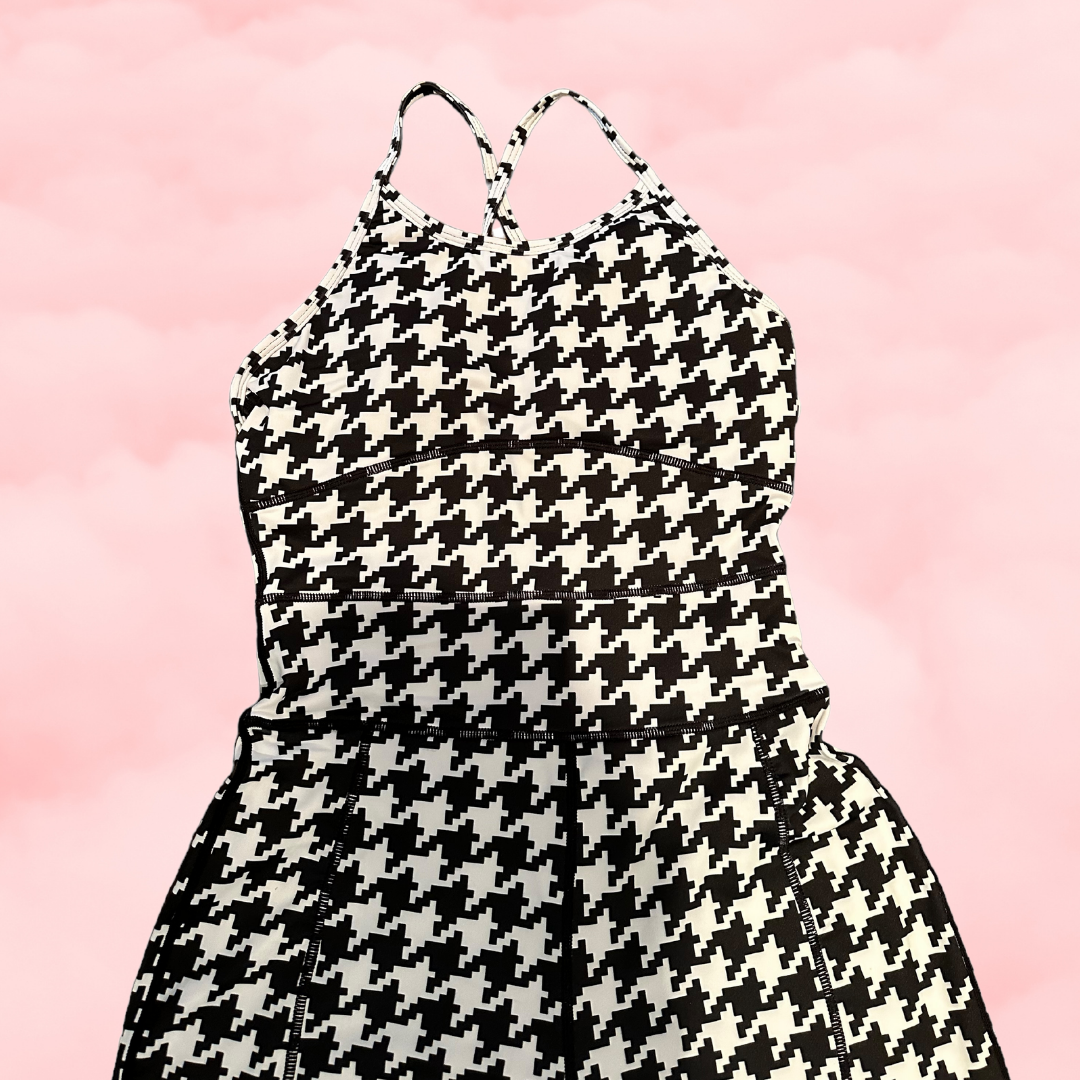 Revolutionary One-Piece Menstrual Yoga Jumpsuit in GIANT B&W HERRINGBONE Print