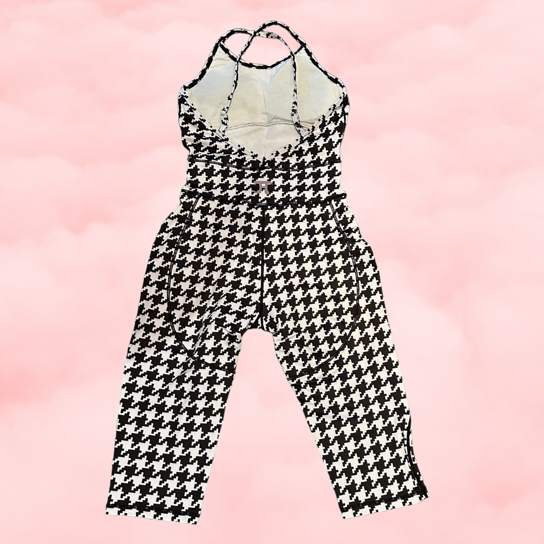 Revolutionary One-Piece Menstrual Yoga Jumpsuit in GIANT B&W HERRINGBONE Print