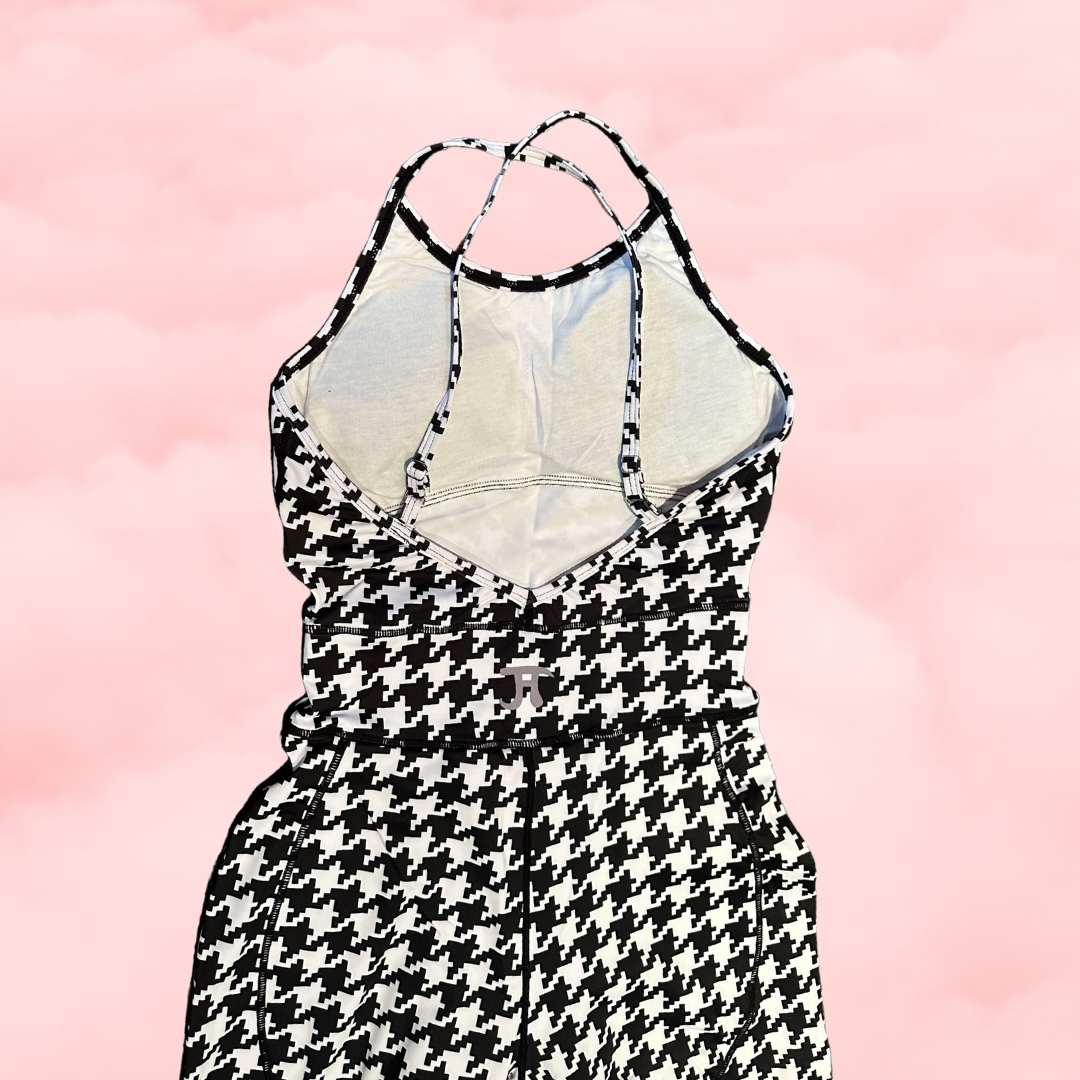 Revolutionary One-Piece Menstrual Yoga Jumpsuit in GIANT B&W HERRINGBONE Print