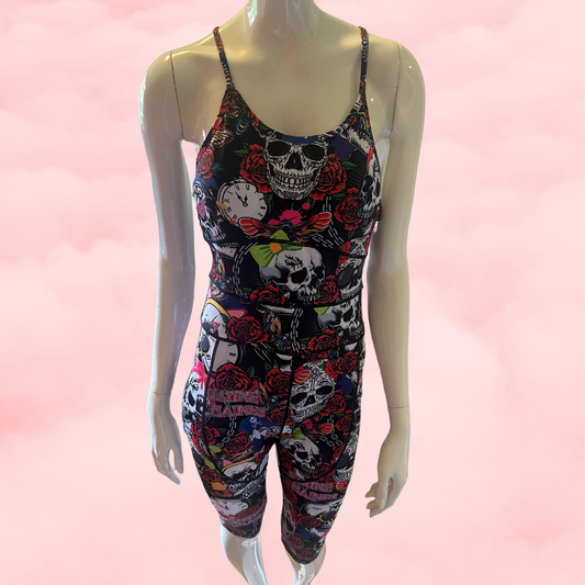 Revolutionary One-Piece Menstrual Yoga Jumpsuit in SKULLS & ROSES print