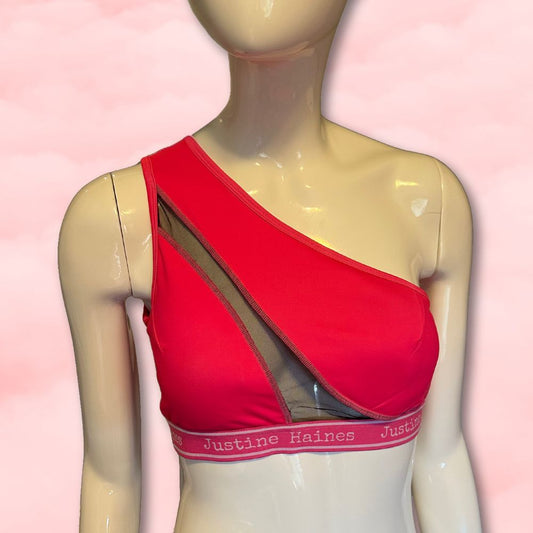 One Shoulder Sports Bra with see thru Mesh insert in HOT PINK